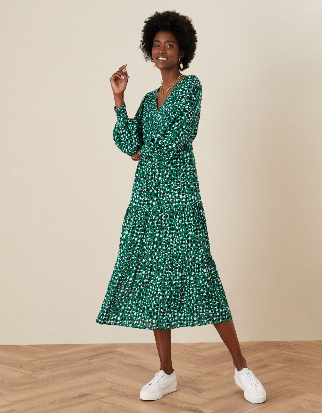 Shirred Animal Print Dress Green