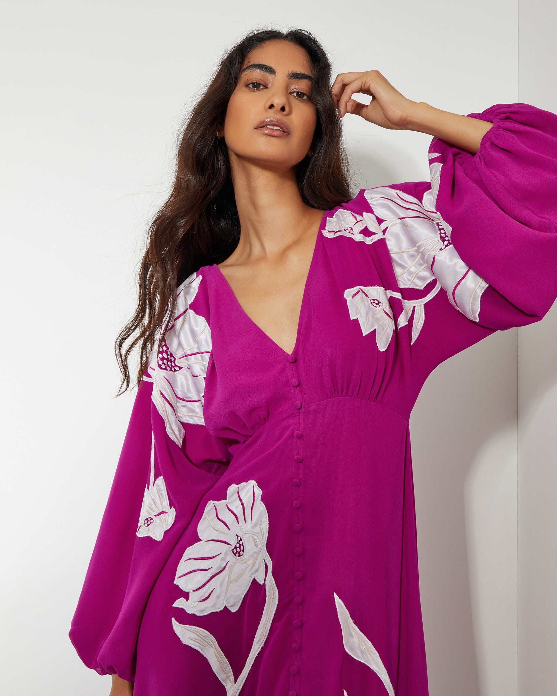 Talia Floral Applique Midi Tea Dress Purple