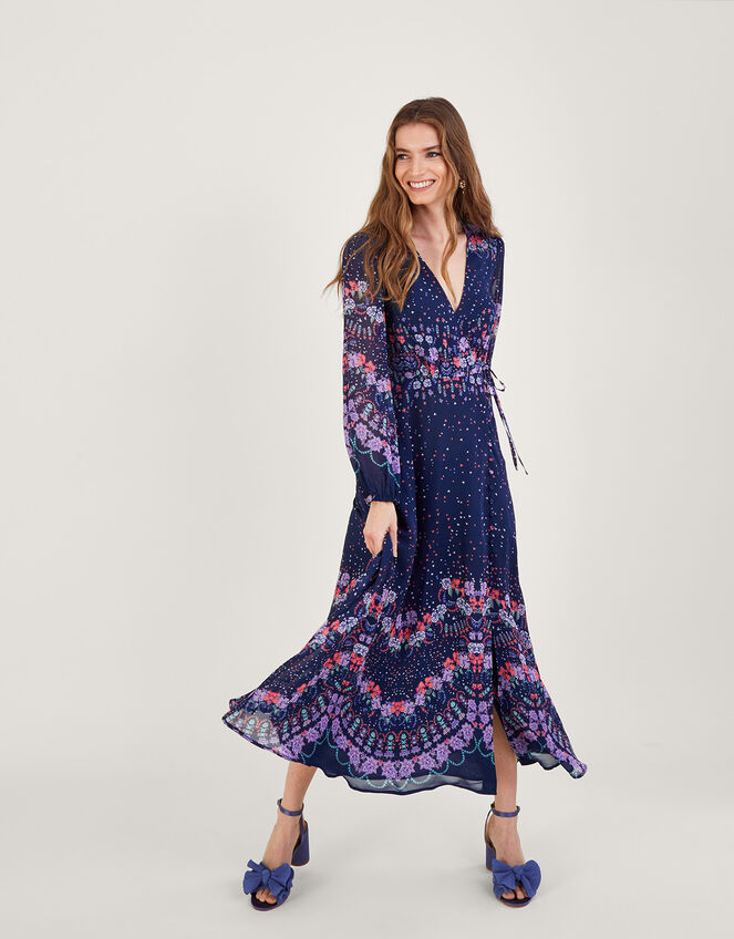 Talitha Print Wrap Dress with Sustainable Viscose, Blue (NAVY), large