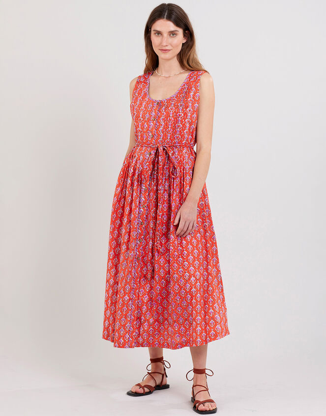 East Skye Pintuck Midi Dress in Organic Cotton, Red (RED), large