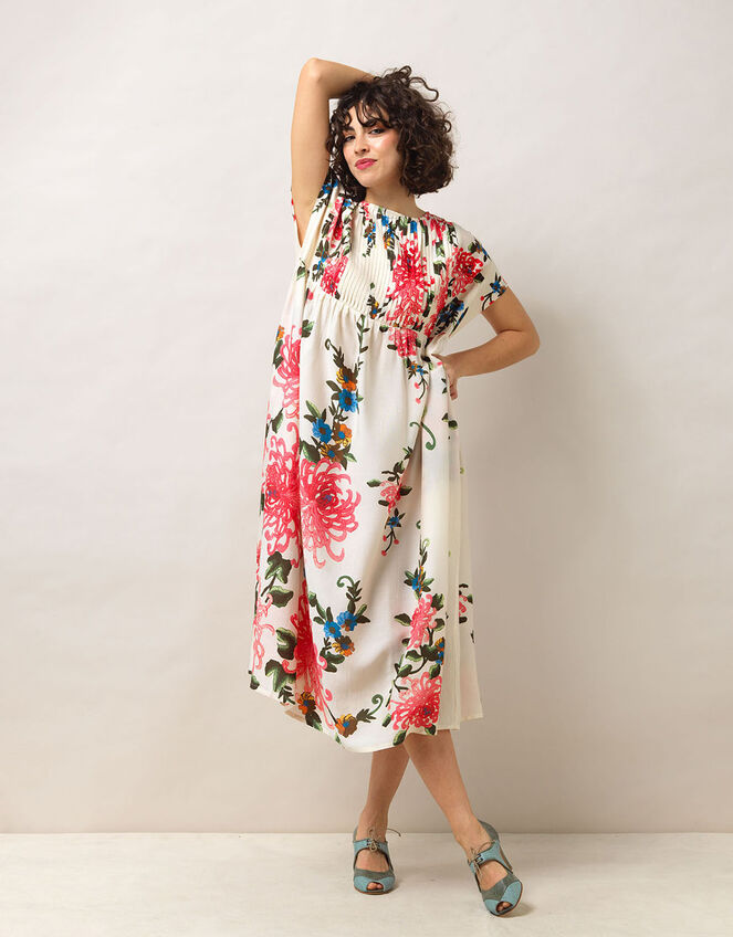 One Hundred Stars Pleat Floral Dress, Ivory (IVORY), large