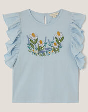 Floral Embroidered Frill T-Shirt, Blue (BLUE), large