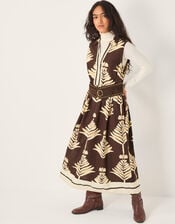 Pamela Linen Blend Leaf Print Midi Dress, Brown (CHOCOLATE), large