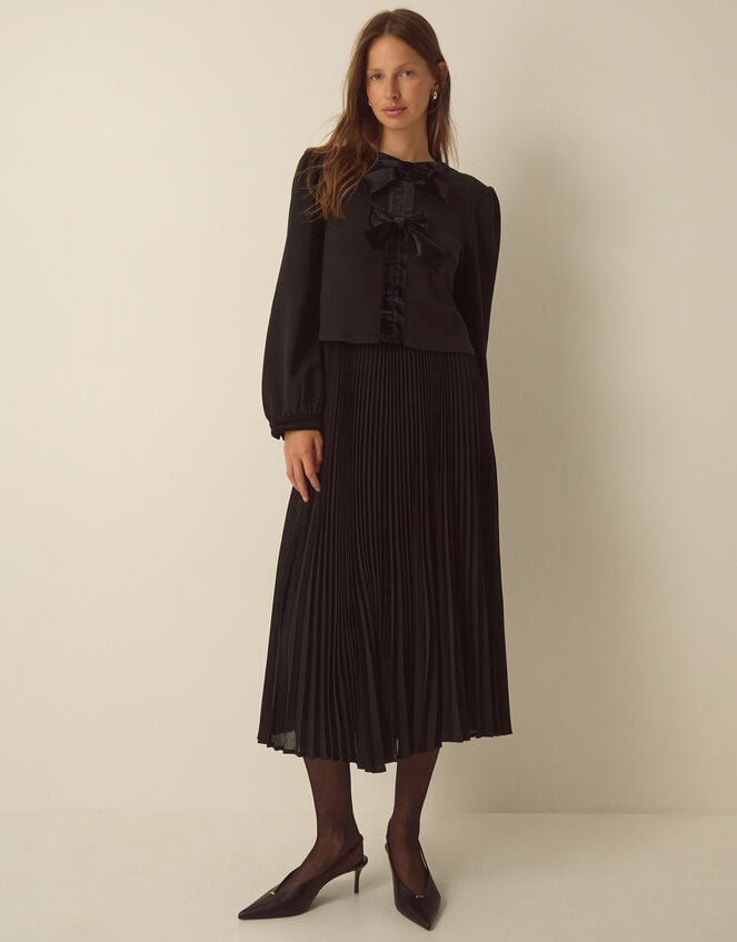 Emilee Velvet Bow Pleated Midi Dress, Black (BLACK), large