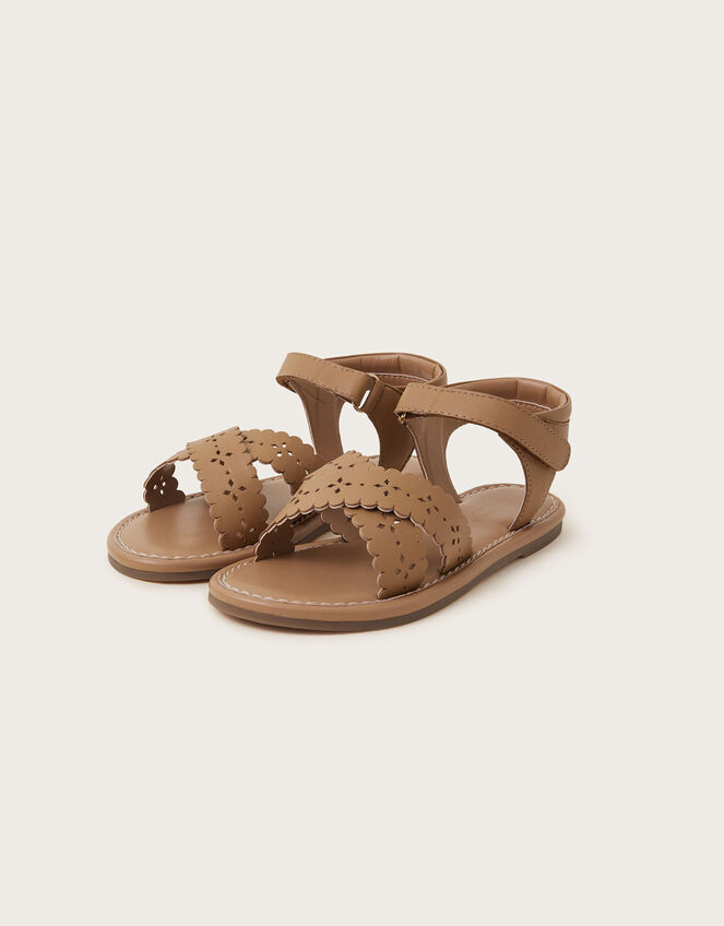 Leather Cutwork Sandals, Tan (TAN), large