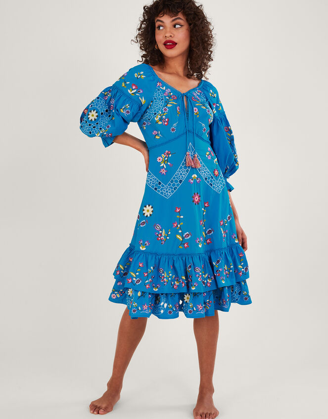 Tina Embroidered Knee-Length Dress, Blue (BLUE), large