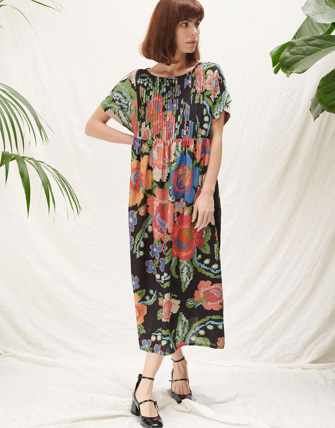 One Hundred Stars Flower Pleat Dress, Black (BLACK), large
