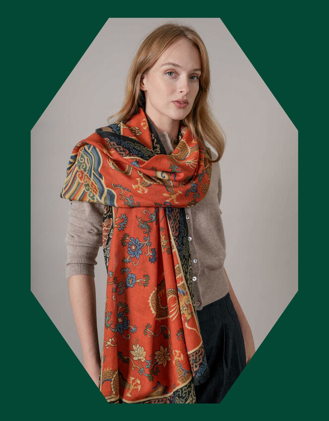 One Hundred Stars Dragon Print Wool Scarf, Orange (RUST), large