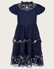 Embroidered Tier Mesh Dress in Recycled Polyester, Blue (NAVY), large