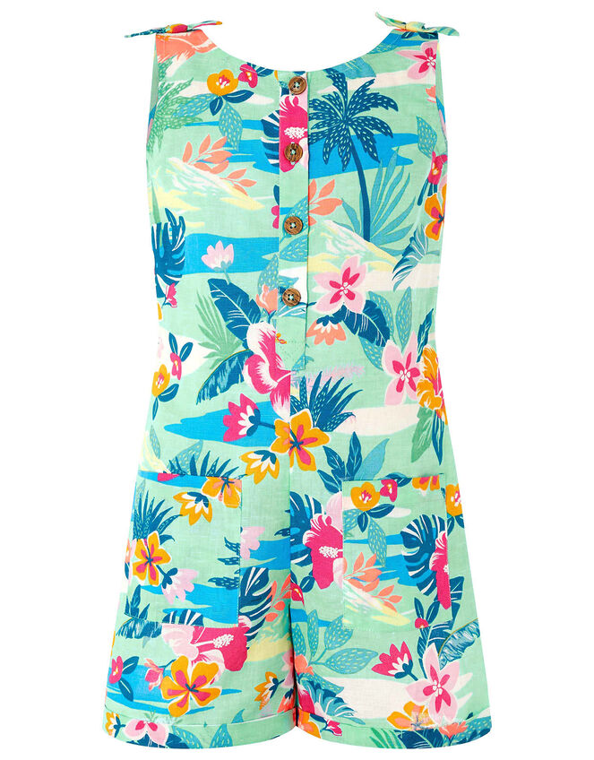 Petunia Floral Playsuit in Linen and Organic Cotton, Blue (AQUA), large