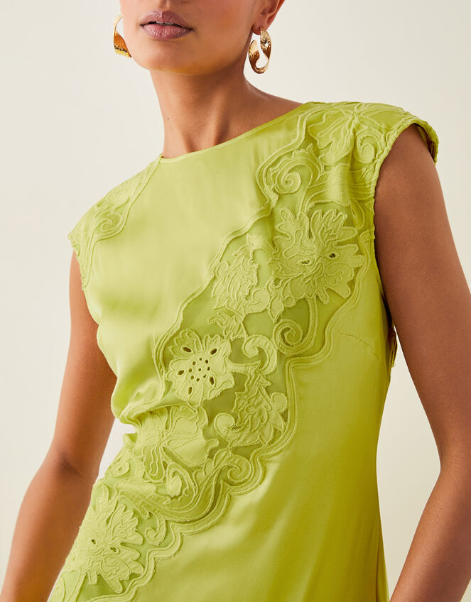 Ingrid Embroidered Satin Midi Dress, Green (CHARTREUSE), large