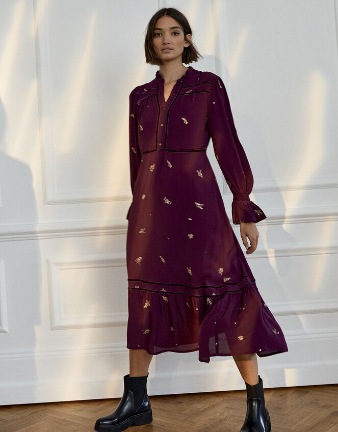 Embellished Long Sleeve Midi Dress, Purple (PURPLE), large