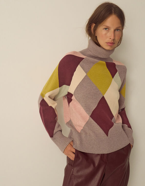 Avery Roll Neck Argyle Jumper, Mink (MINK), large