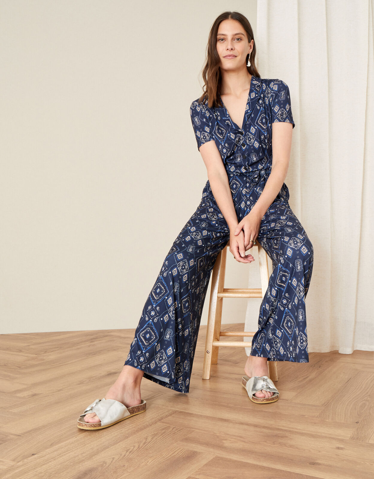 Printed Wide Leg Jersey Jumpsuit Blue