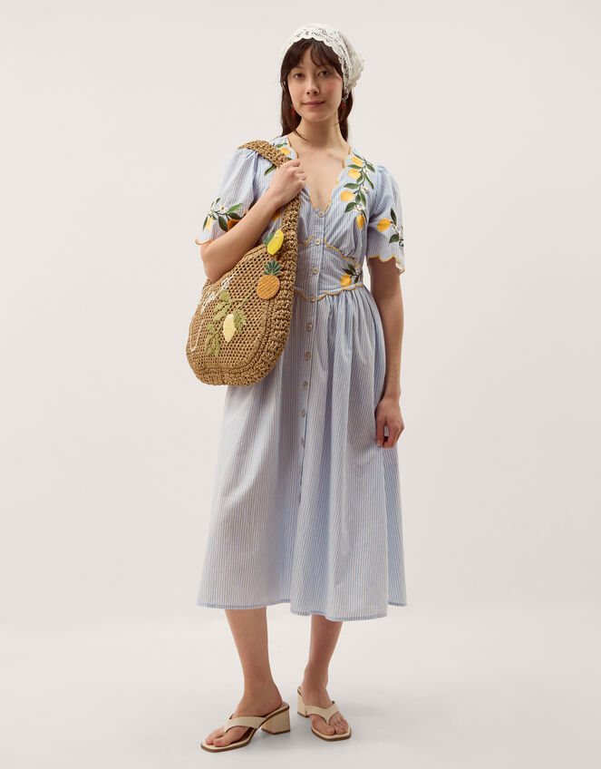 Marisol Lemon Embroidered Stripe Midi Dress, Blue (BLUE), large