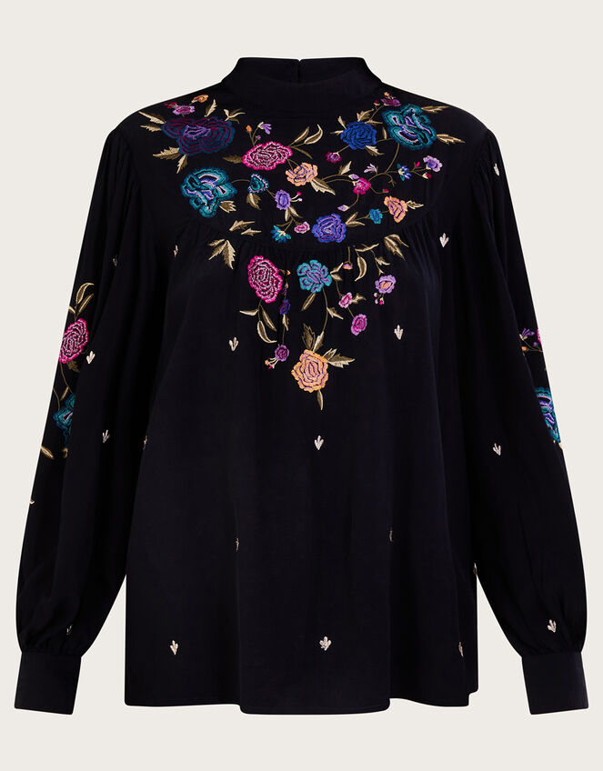 Freya Embroidered Bib Blouse, Black (BLACK), large