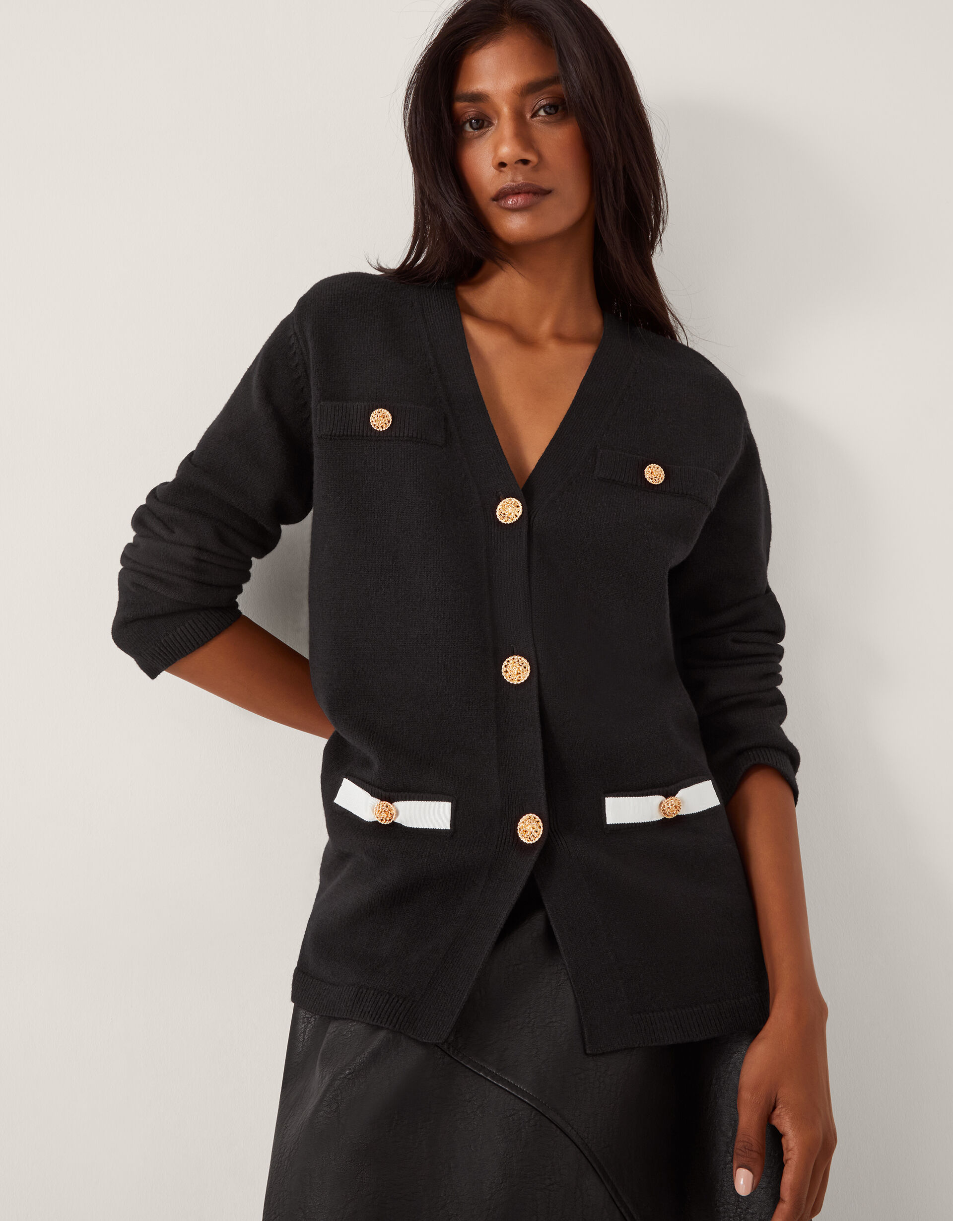 Leila Button Longline Cardigan Black