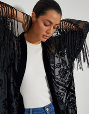Darcy Fringe Floral Devore Kimono, Black (BLACK), large