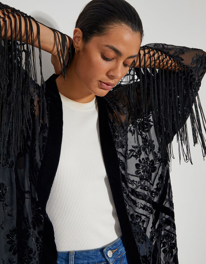 Darcy Fringe Floral Devore Kimono, Black (BLACK), large