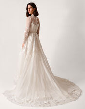 Lorelai Long Sleeve Floral Embellished Mesh Wedding Dress, Ivory (IVORY), large