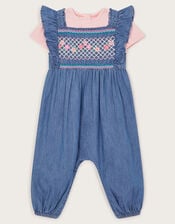 Baby Chambray Embroidered Romper, Blue (BLUE), large
