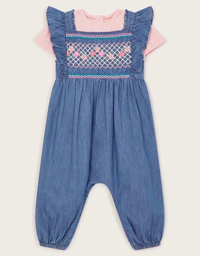 Baby Chambray Embroidered Romper, Blue (BLUE), large