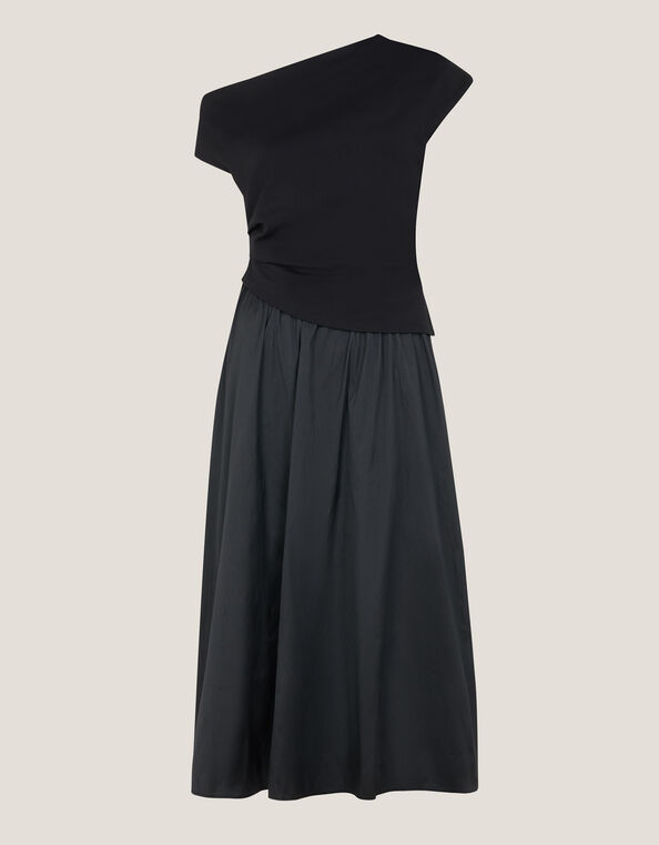 Tilly Asymmetrical Shoulder Midi Dress, Black (BLACK), large