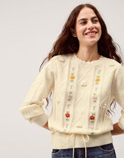 Elsie Floral Embroidered Cable Knit Jumper, Ivory (IVORY), large