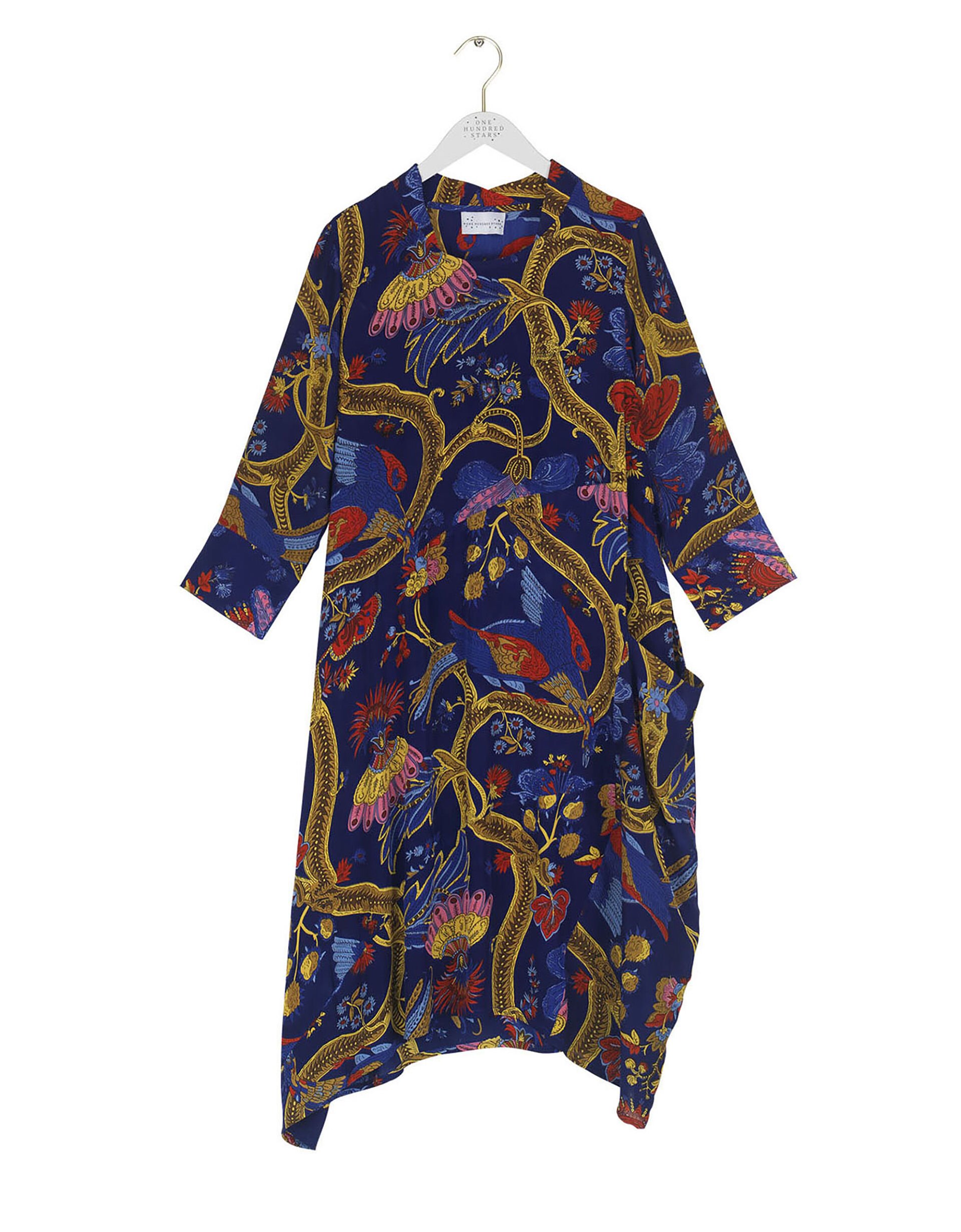 One Hundred Stars Peacock Print Asymmetrical Dress Blue