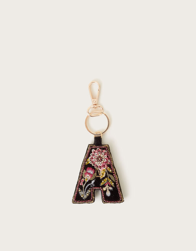 Embellished Floral Initial Keyring, Black (BLACK), large