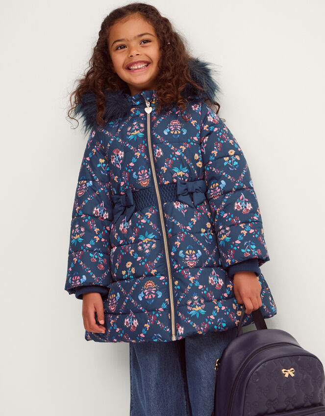 Floral Print Bow Puffer Coat, Blue (NAVY), large