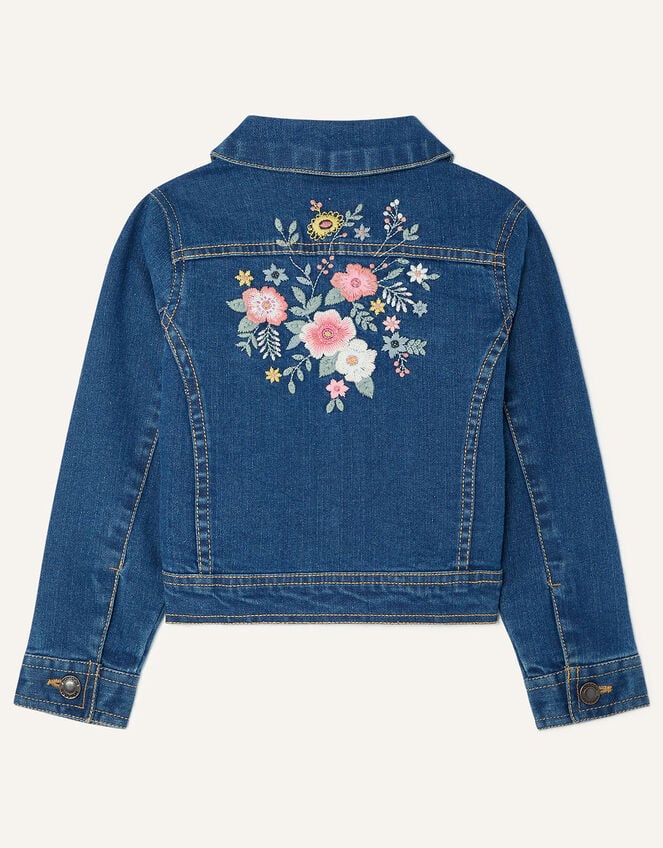 Embroidered Flower Denim Jacket, Blue (BLUE), large