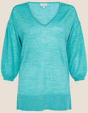 V Neck Longline Belted Jumper in Linen Blend, Blue (TURQUOISE), large