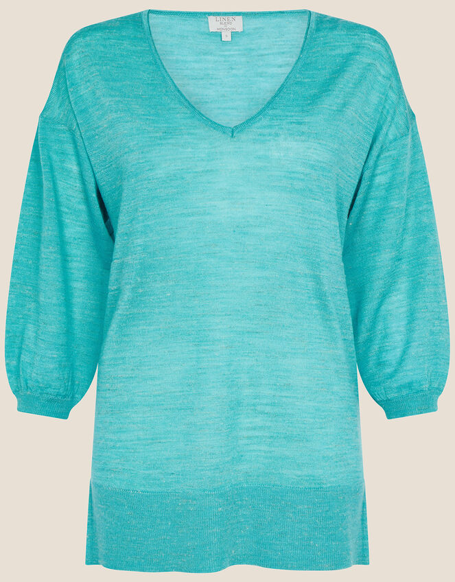 V Neck Longline Belted Jumper in Linen Blend, Blue (TURQUOISE), large