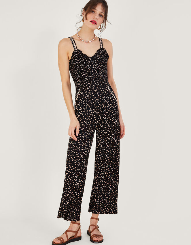 Dot Print Shirred Jumpsuit, Black (BLACK), large