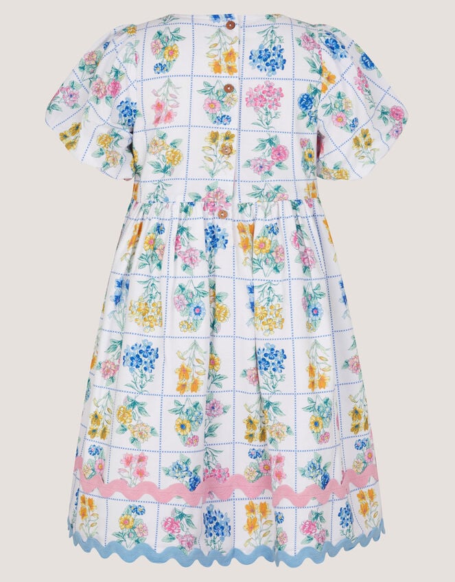 Bonnie Puff Sleeve Checkerboard Floral Dress, Ivory (IVORY), large