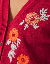 Ellen Short Sleeve Floral Embroidered Cardigan, Red (RED), large