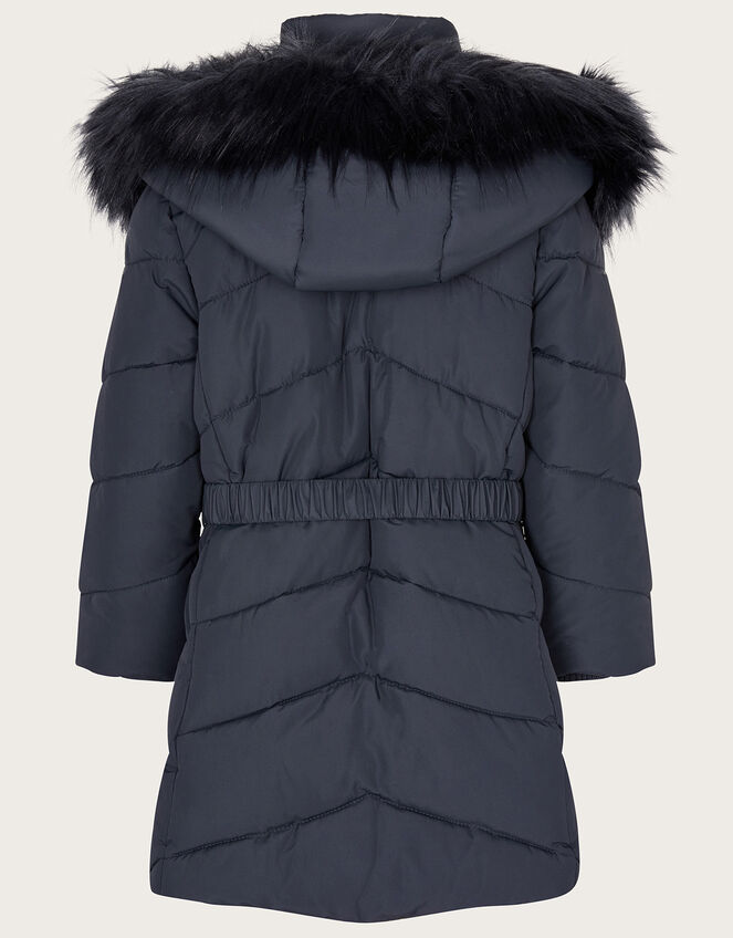 Belted Faux Fur Hooded Coat, Blue (NAVY), large