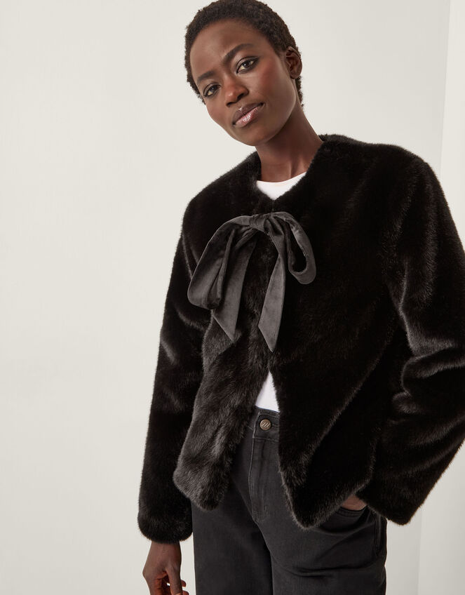 Farah Bow Faux Fur Jacket, Black (BLACK), large