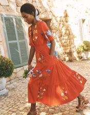 Emma Floral Embroidered Midi Dress, Red (RED), large