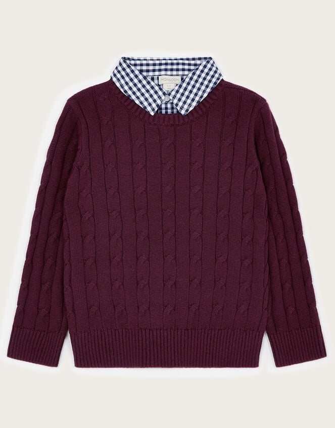 2-in-1 Cable Knit Jumper with Collar, Red (BURGUNDY), large