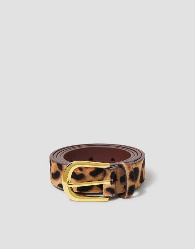 Leopard Print Leather Belt, Natural (NEUTRAL), large