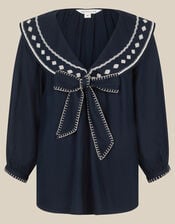 Lila Embroidered Sailor Collar Top, Blue (NAVY), large