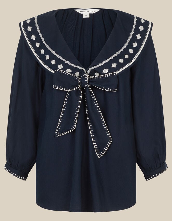 Lila Embroidered Sailor Collar Top, Blue (NAVY), large