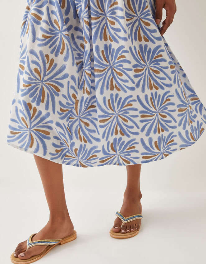 Cece V-Neck Woodblock Print Midi Dress, Blue (BLUE), large