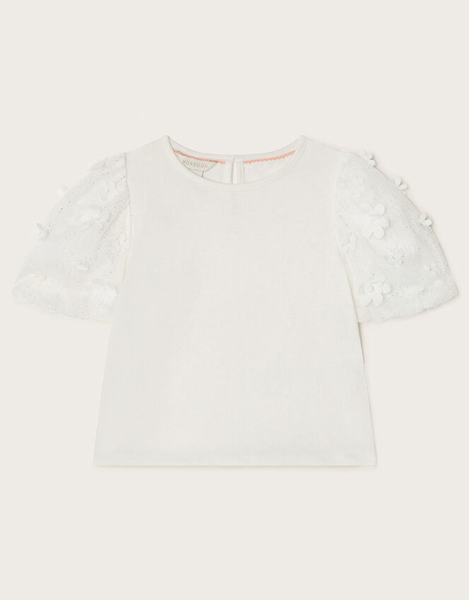 Layla Tulle Sleeve 3D Floral Top, Ivory (IVORY), large