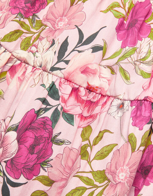 Rose Print Short Sleeve Tiered Dress, Pink (PINK), large