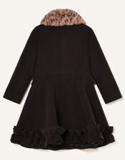 Leopard Print Collar Ruffle Hem Coat , Black (BLACK), large