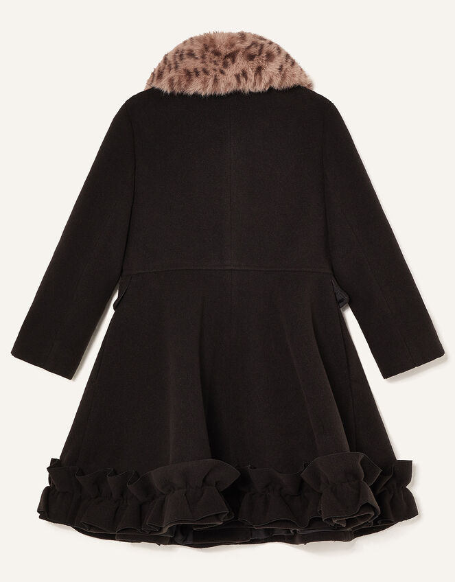 Leopard Print Collar Ruffle Hem Coat , Black (BLACK), large
