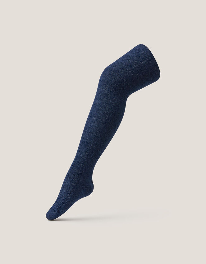 Cable Heart Glitter Tights, Blue (NAVY), large
